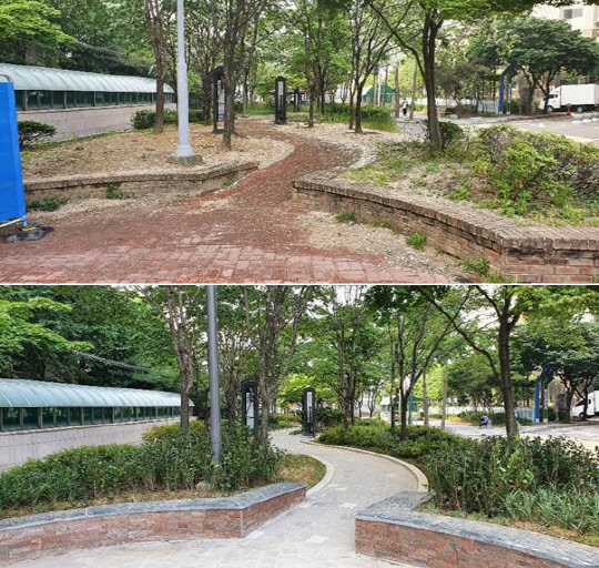 서울시가 중랑구 능산마을마당에 대해 마을마당 정비사업을 실시하기 전(위)과 후(아래).[사진=서울시 제공]